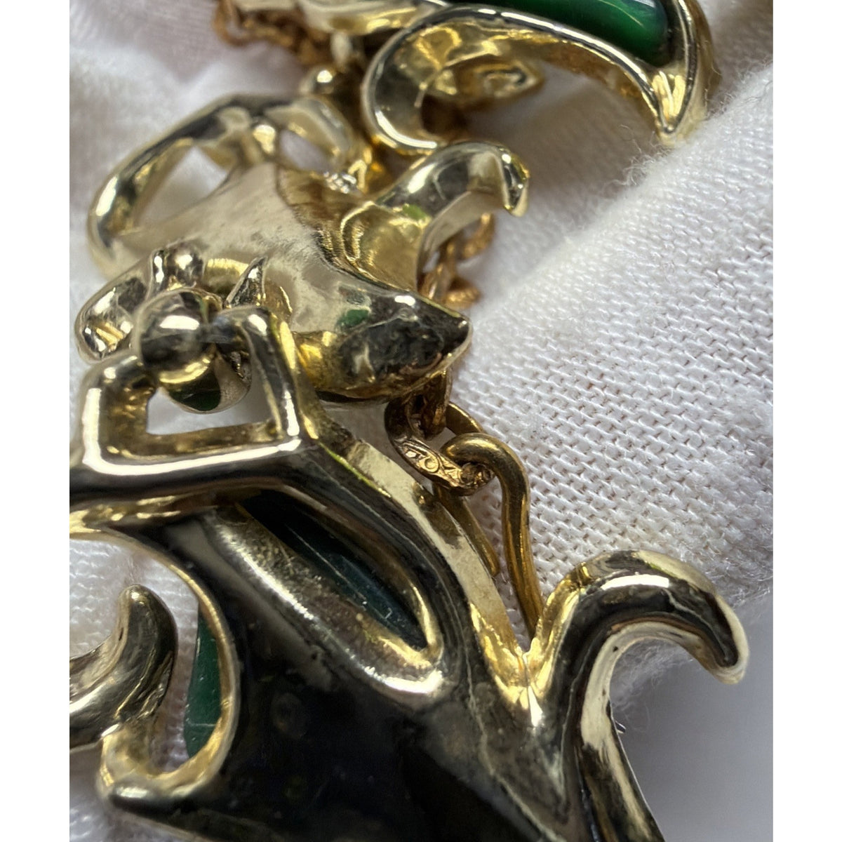 MCM Thermoset Necklace Green Gold Ornate Necklace Adjustable Chain Choker