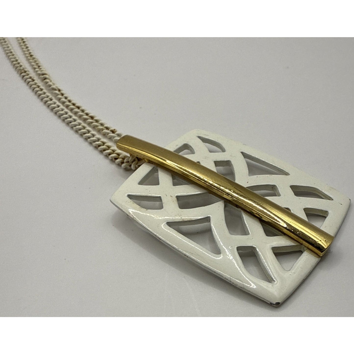 Vintage Crown Trifari Modernist White Enamel Necklace Pendant Gold Geometric