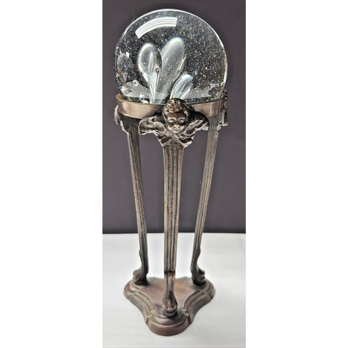 MCM Brass Metal Bronze Base Angel Cherub Stand Crystal Blown Glass Ball As Is