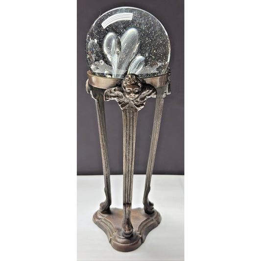 MCM Brass Metal Bronze Base Angel Cherub Stand Crystal Blown Glass Ball As Is
