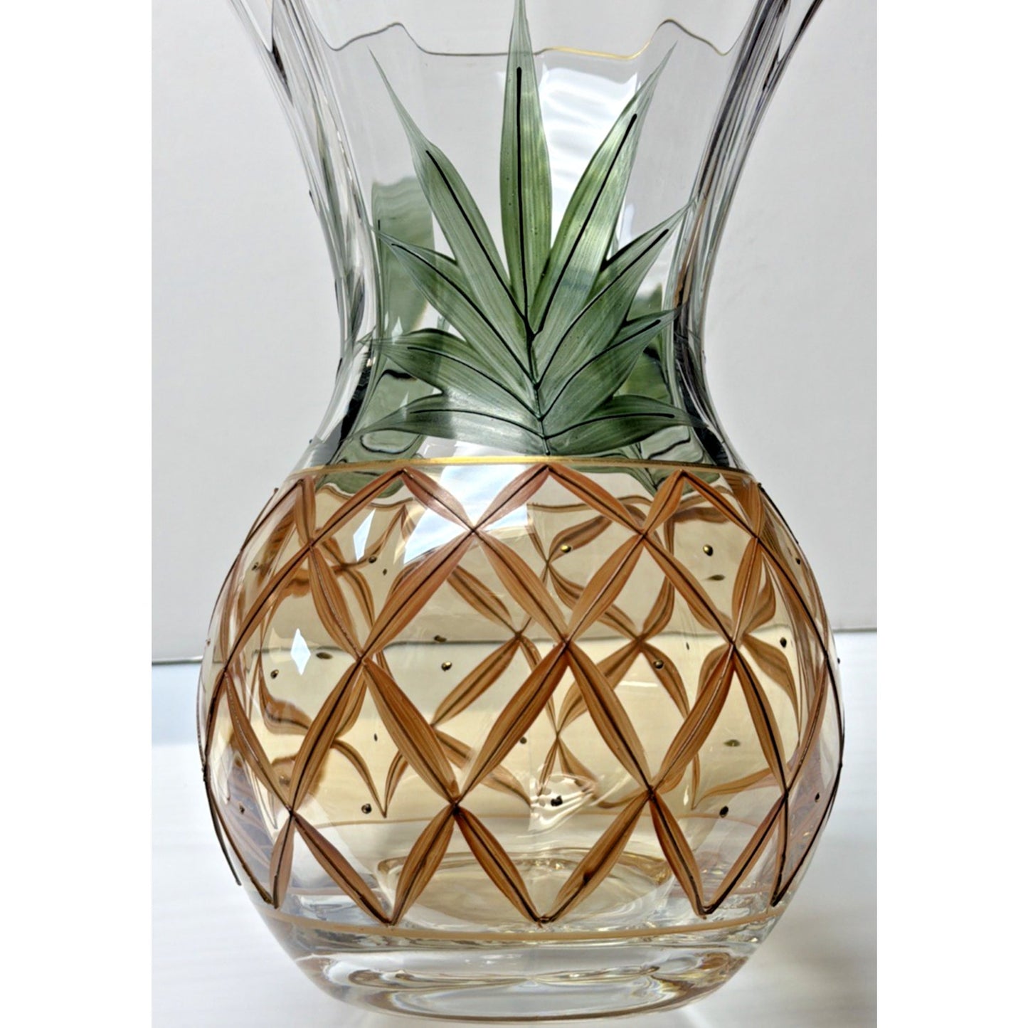 Romanian Crystal Pineapple Vase Gold Trim Green Palm Large Orange Crystal Clear