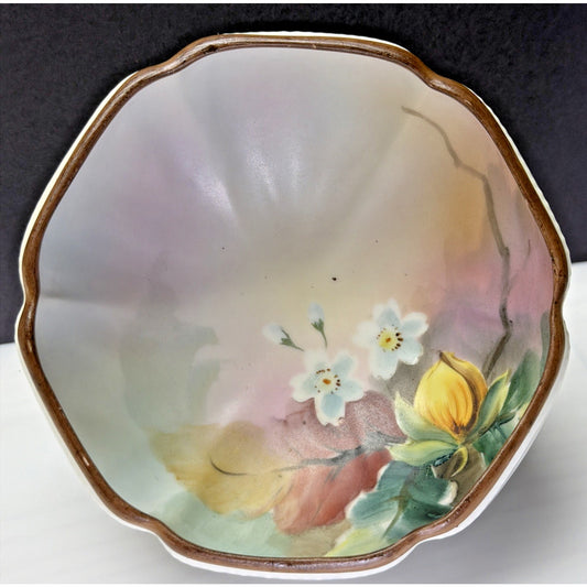 Vintage Nippon Moriyama Hand Painted Floral Bowl Beaded Moriage Melon Ribbed