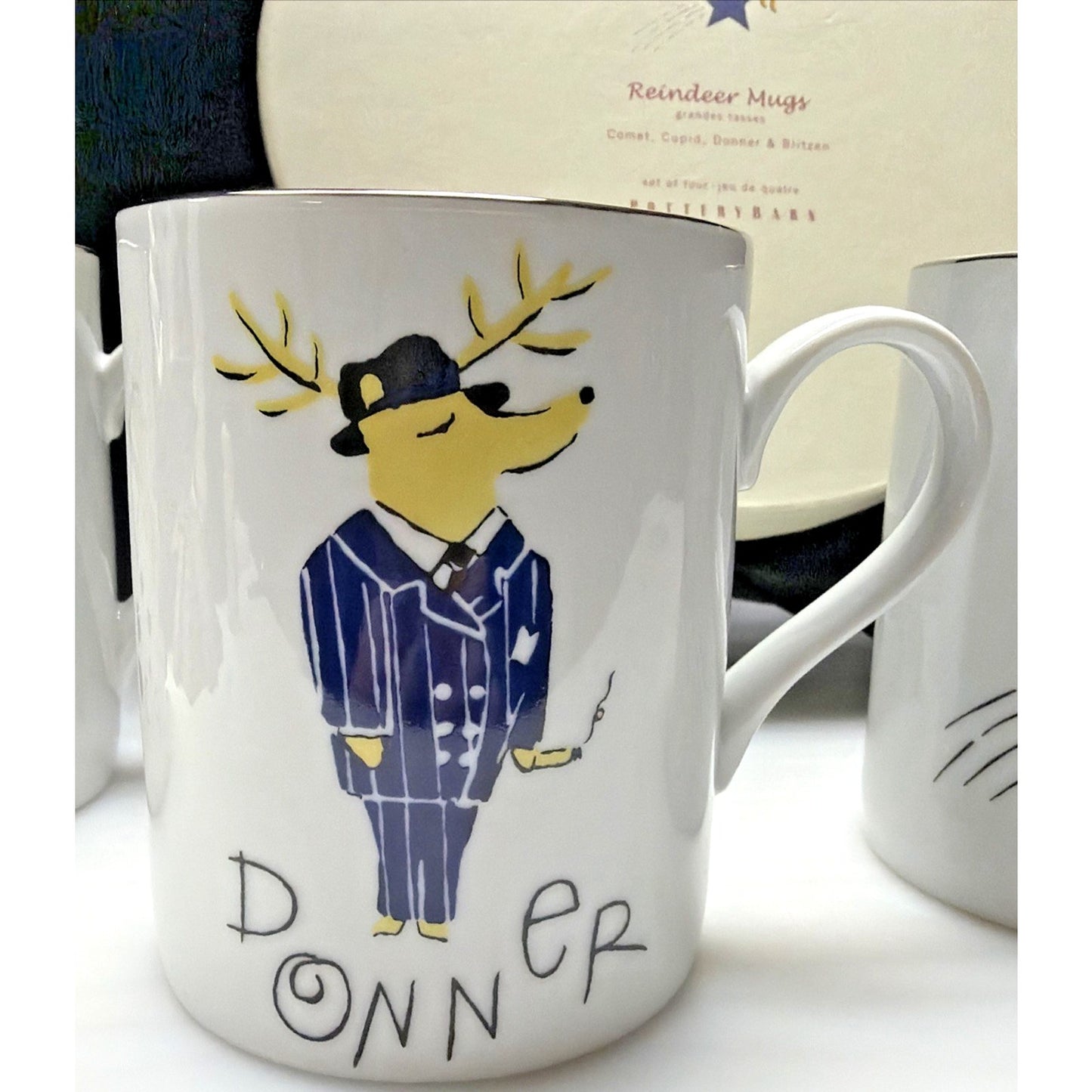 Pottery Barn Set of 4 Reindeer Mugs Box Williams Sonoma Comet Donner Blitzen Cup