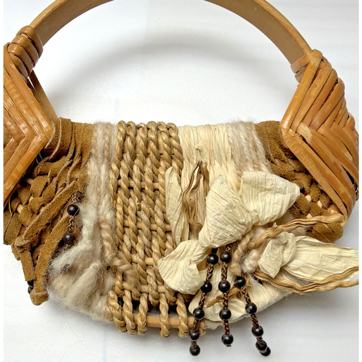 Vtg Hand Woven Basket Splint Wood Gods Eye Hanging Leather Beaded Flower As Is
