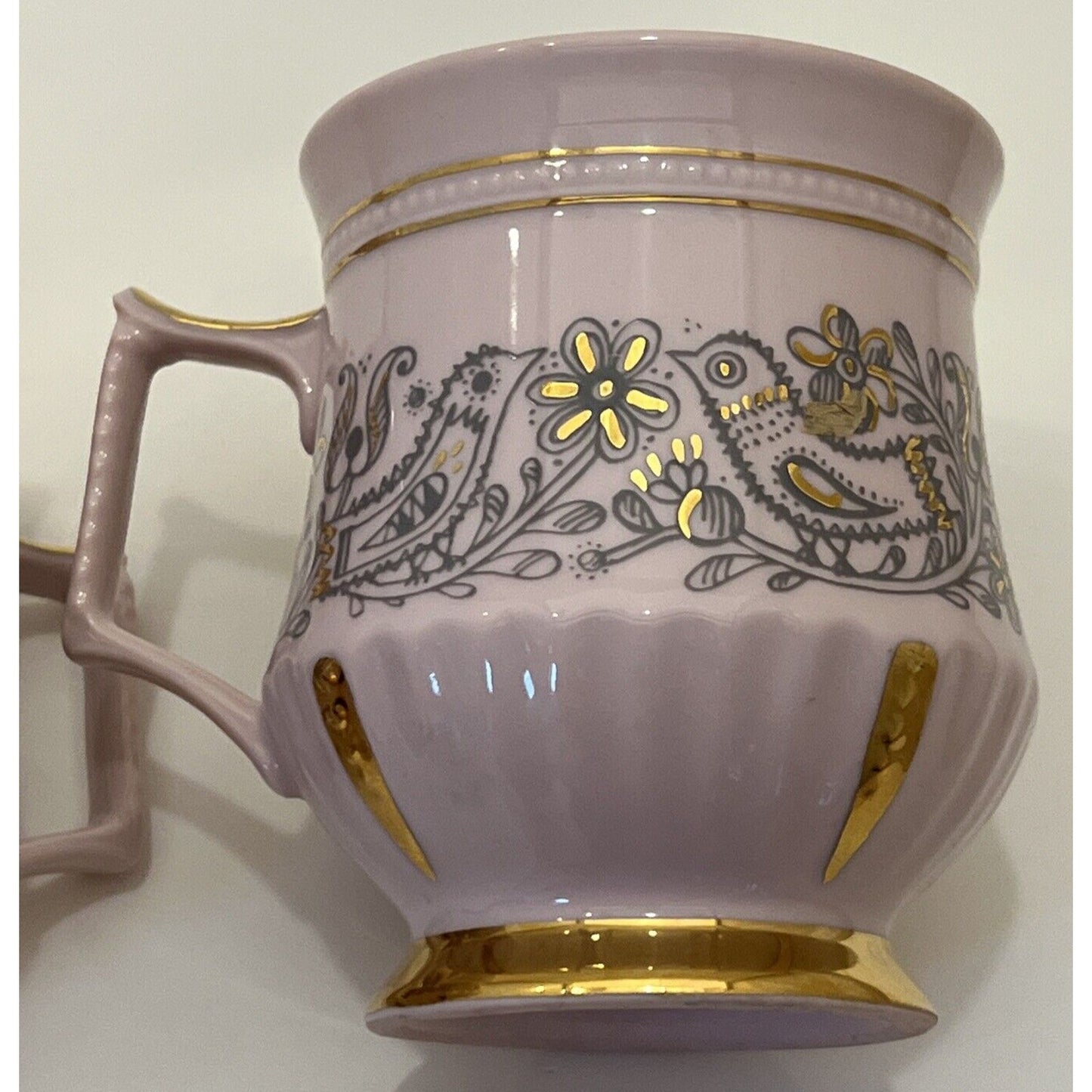 Antique Lot Of 2 H&C Rosa Pink Czech Porcelain Love Birds Gold Mugs Tea Cups