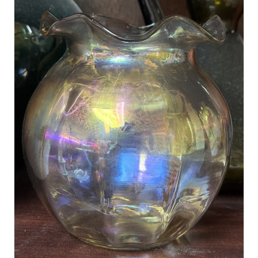 Victorian Loetz Moser Smoke Gray Iridescent Vase Ruffle Optic Rose Bowl As Is