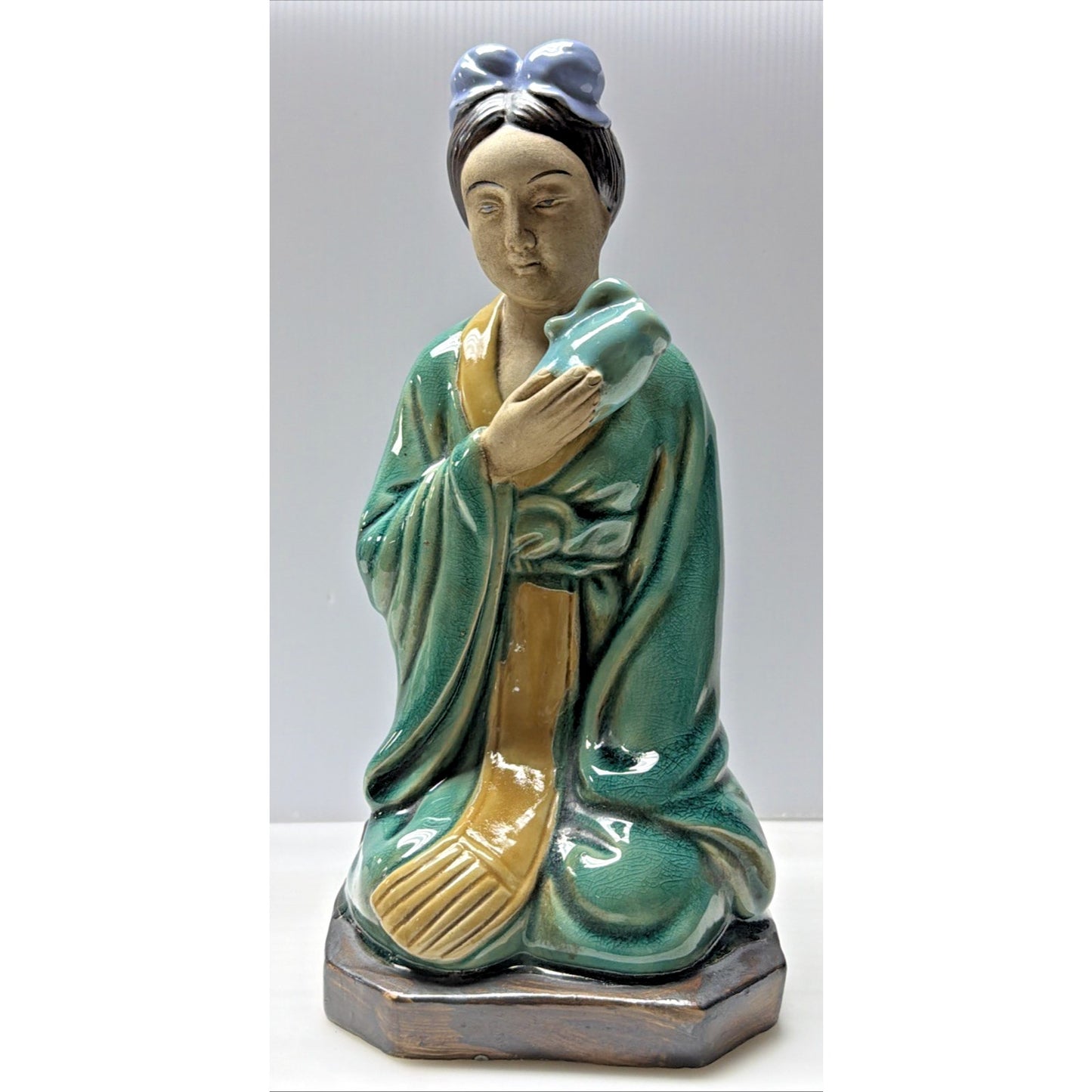 Shiwan Mudman Pottery Chinese Celadon Glazed Woman Sculpture Pitcher Bow
