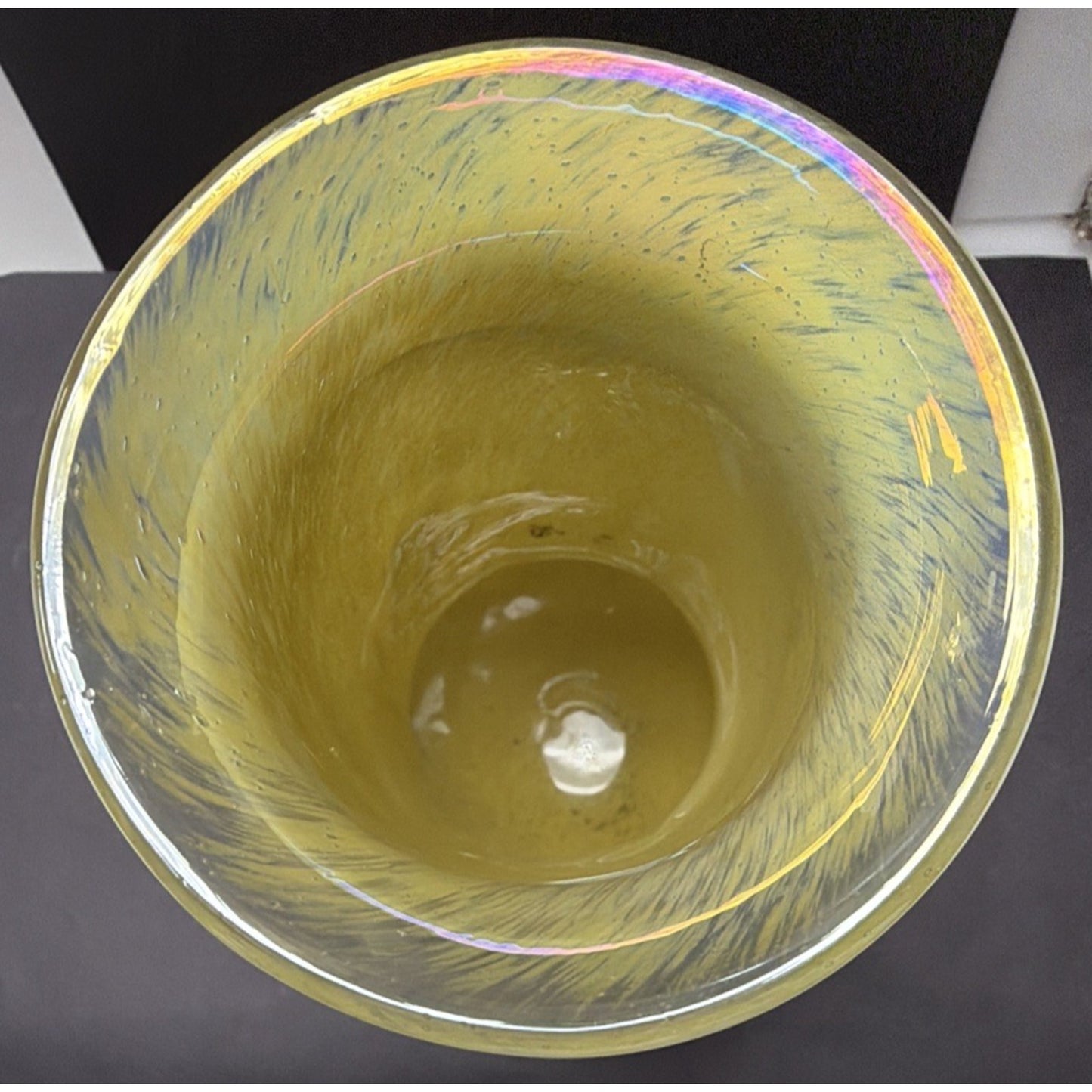 MCM French Studio Art Glass Yellow Bubbles Infused Iridescent Cased Vase As Is