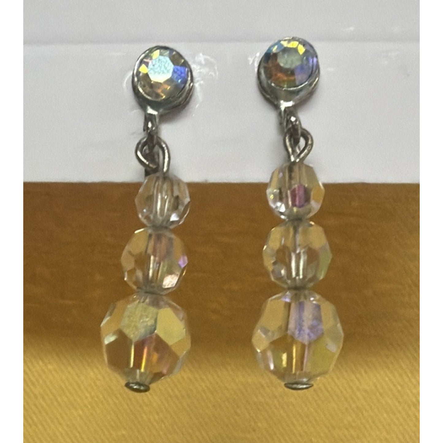 Vintage Clear Aurora Borealis AB Crystal Bead Dangle Screw Back Earrings