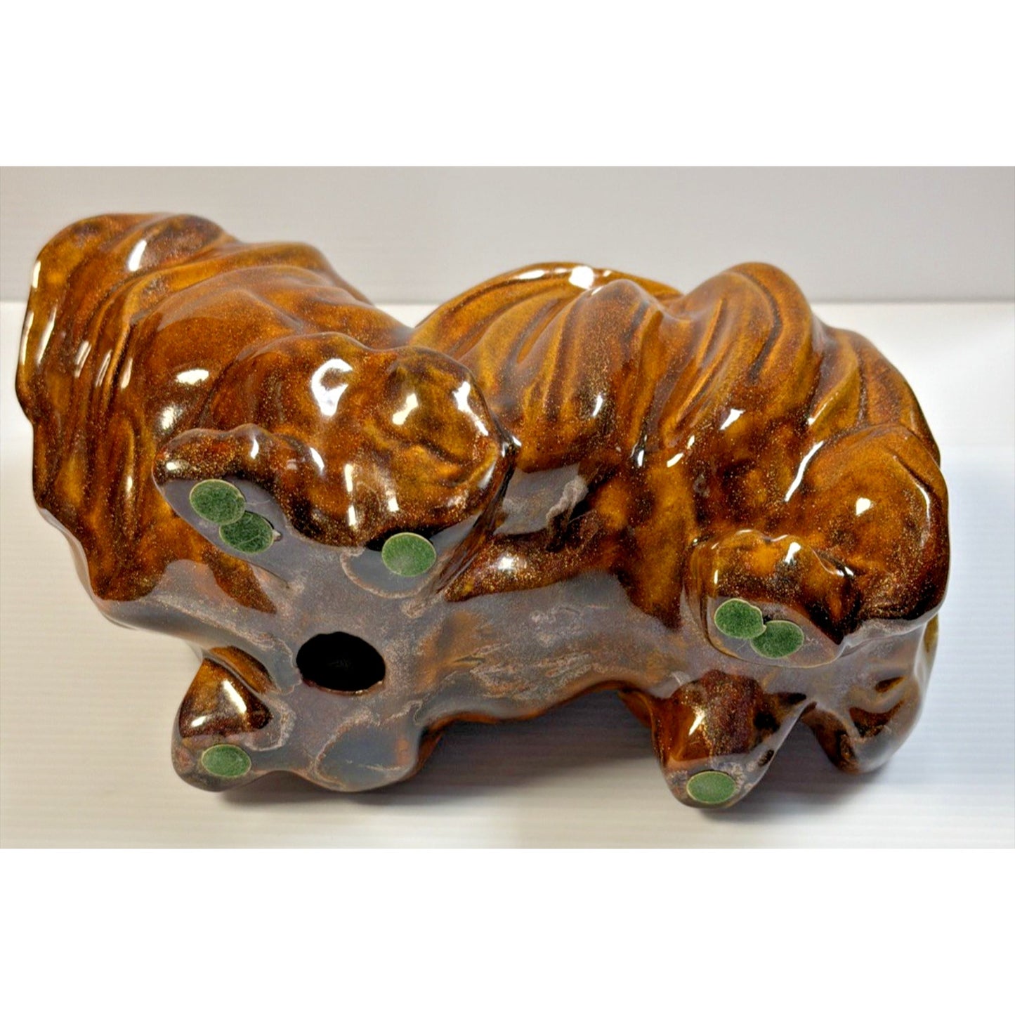 Vintage Pekingese Dog Statue Ceramic Mold Brown Copper Aventurine Glaze Signed