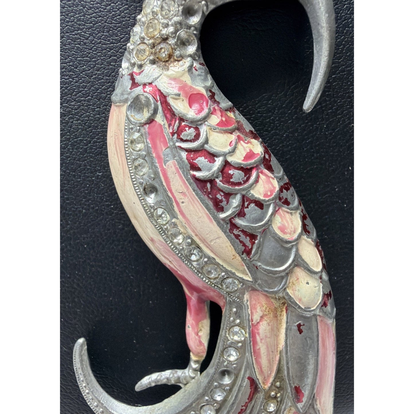 Vintage Large Enamel Rhinestone Bird of Paradise Peacock Egret Brooch Damage