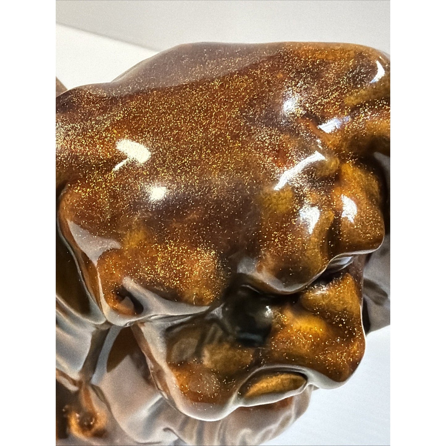 Vintage Pekingese Dog Statue Ceramic Mold Brown Copper Aventurine Glaze Signed