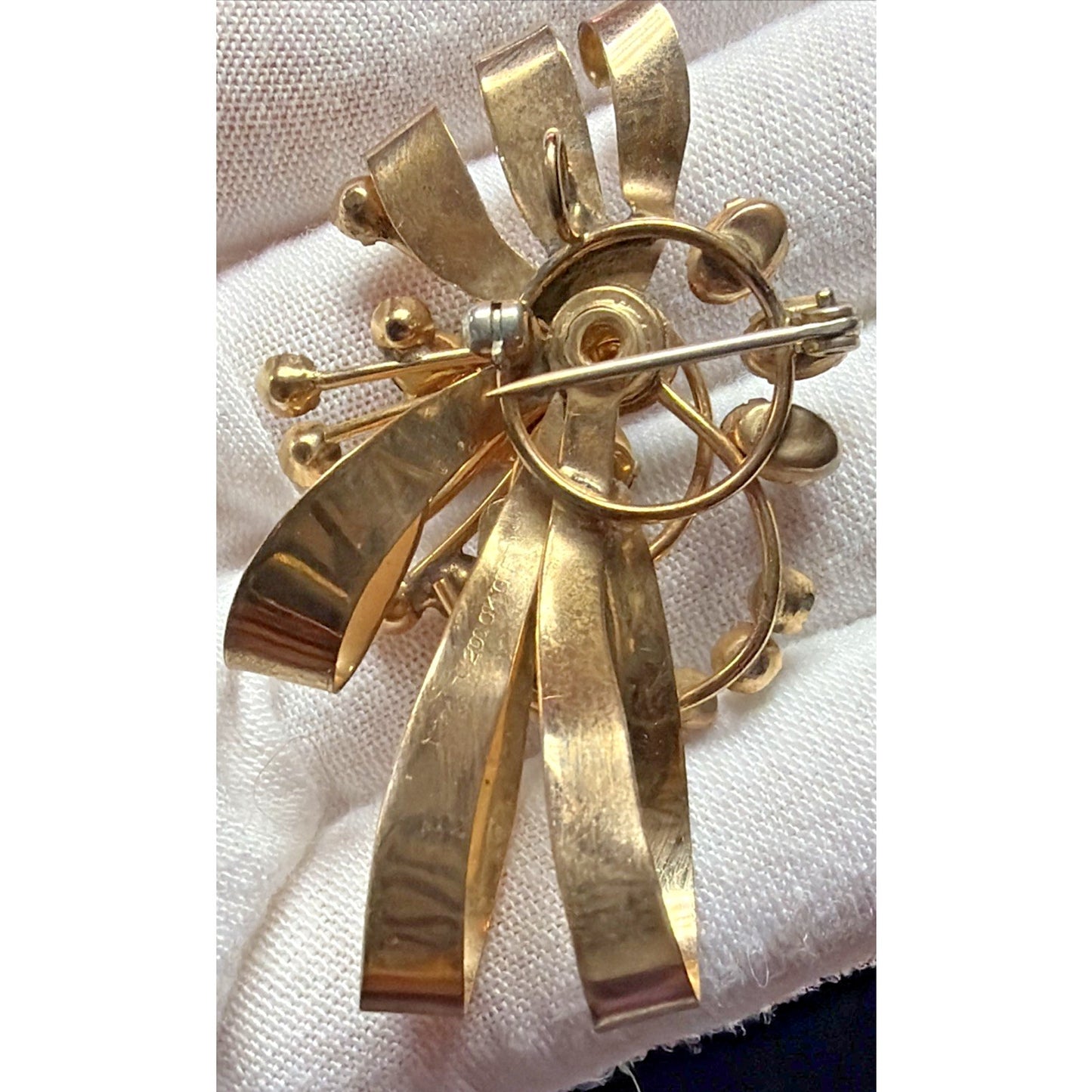 Vintage 1/20 10k Gold Filled Floral Spray Ribbon Pendant Brooch Aqua Rhinestone