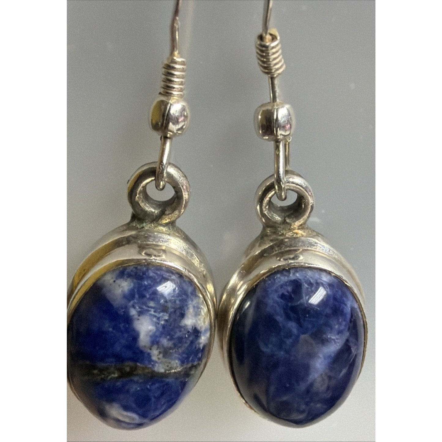 Vintage Sterling Silver Oval Sodalite Cabochon Dangle Drop Earrings Hook 6.13g