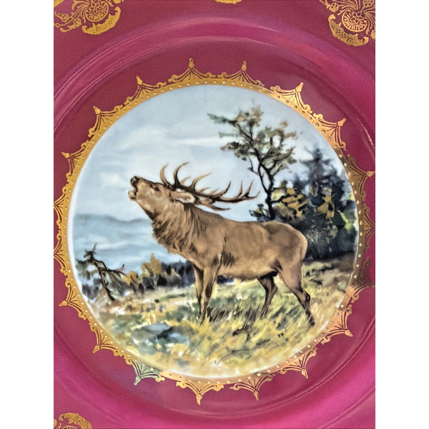 Vintage STW Bavaria Fuchsia Pink Game Plate Gold Ornate Elk Moose