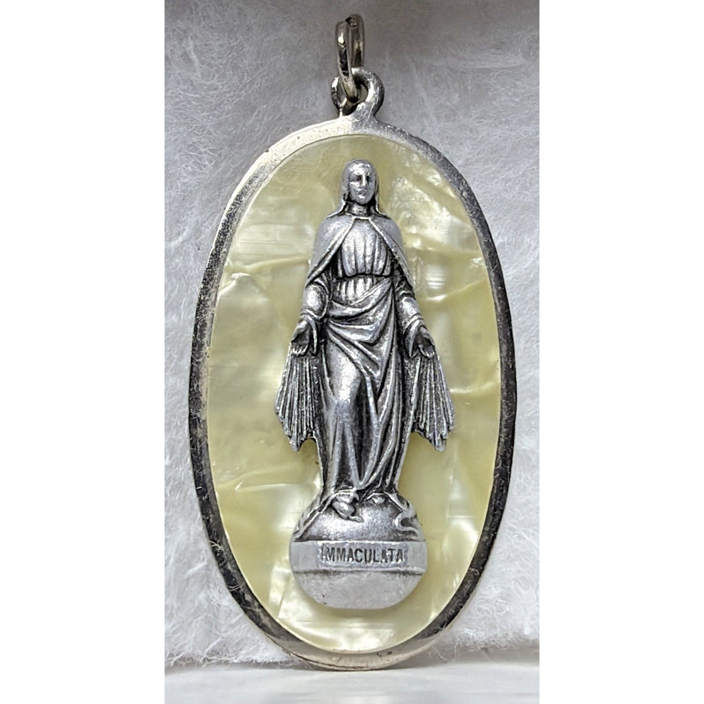 Immaculata Virgin Mary Saint Pendant Silver Metal Faux Mother Pearl Celluloid