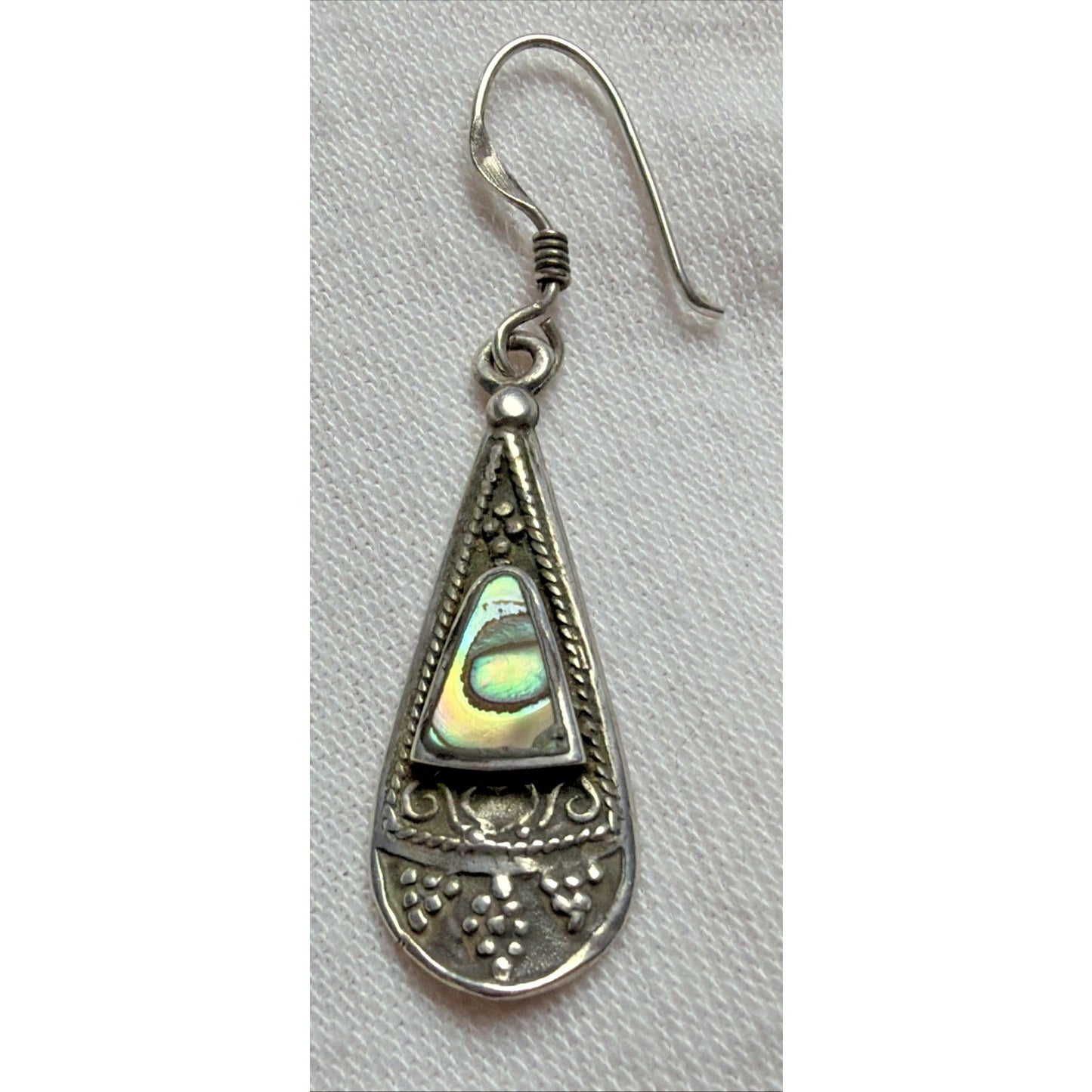 Vtg ATI Mexico Sterling Silver 925 Pierced Drop Teardrop Ornate Earrings Abalone