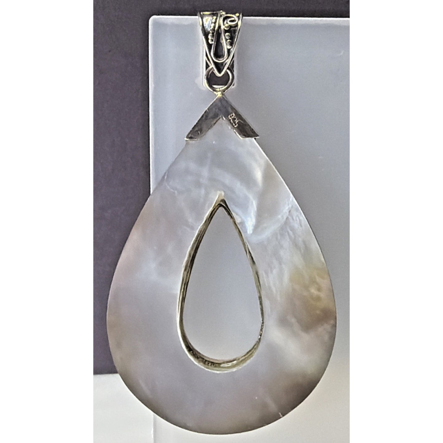 Sterling Silver Abalone MOP Teardrop Pendant Ornate Filigree Bali Style As Is