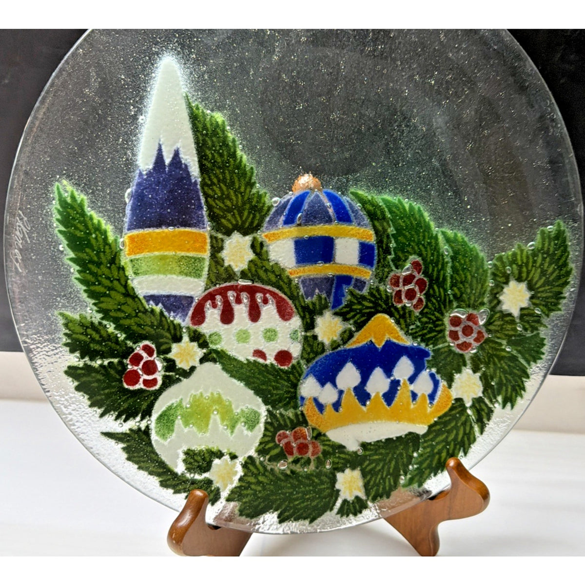 Vintage Peggy Karr Fused Glass Holiday Ornaments Holly Platter Signed