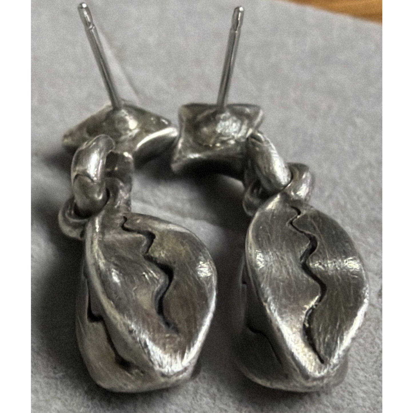 Modernist Silver Geometric Abstract Dangle Earrings Bean Fishbone Seed Pod As Is