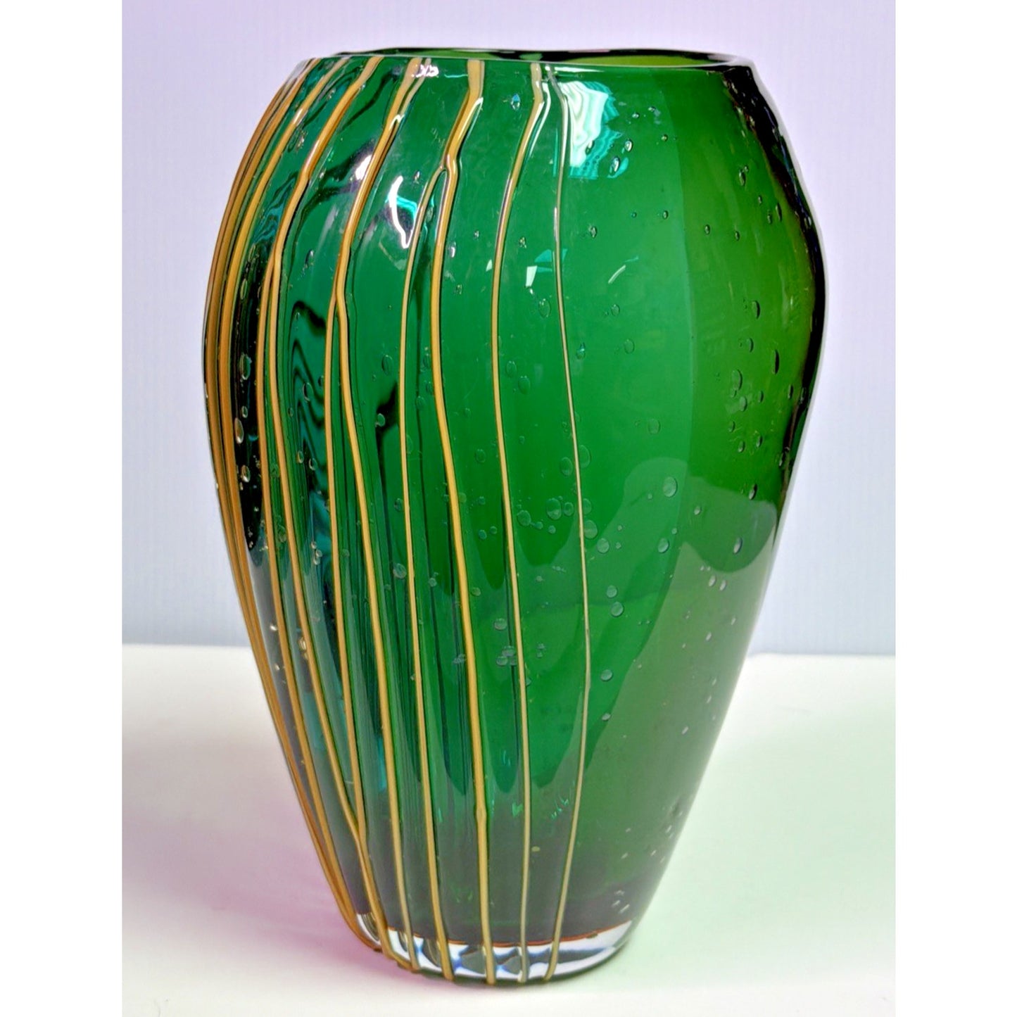Vtg Art Glass Bubble Vase Teal Green Ombre Yellow Threaded Living Color Collect