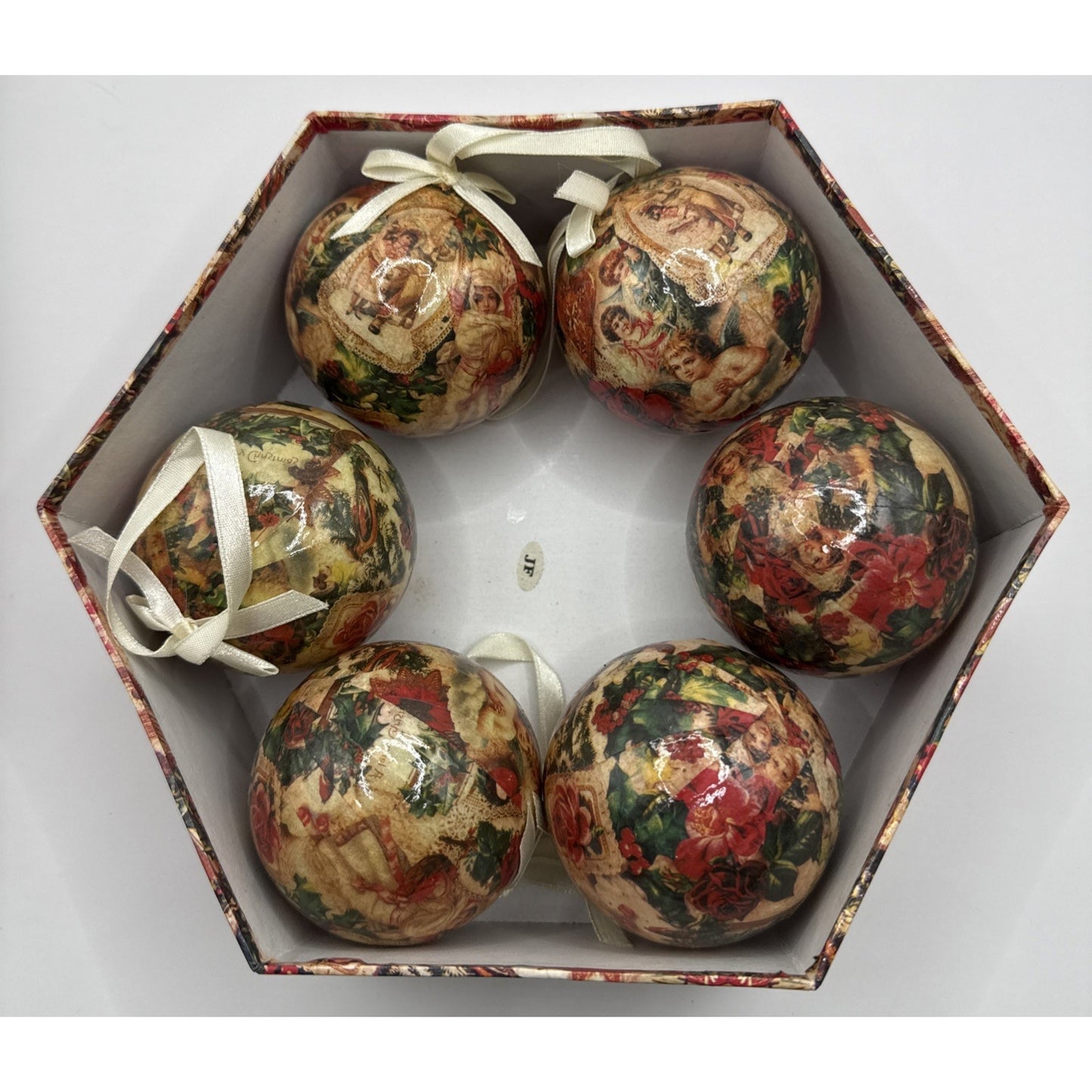Vintage Set of 6 Christmas Decoupage Paper Mache Victorian Ornaments Box Ribbon