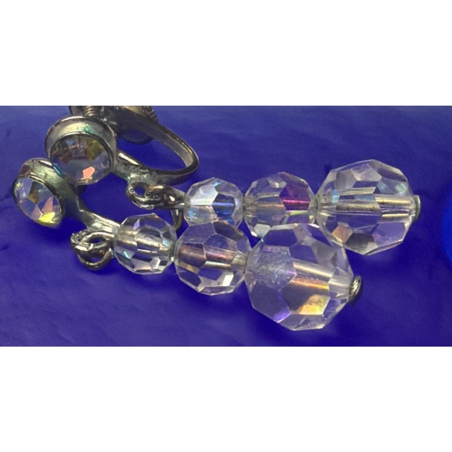 Vintage Clear Aurora Borealis AB Crystal Bead Dangle Screw Back Earrings