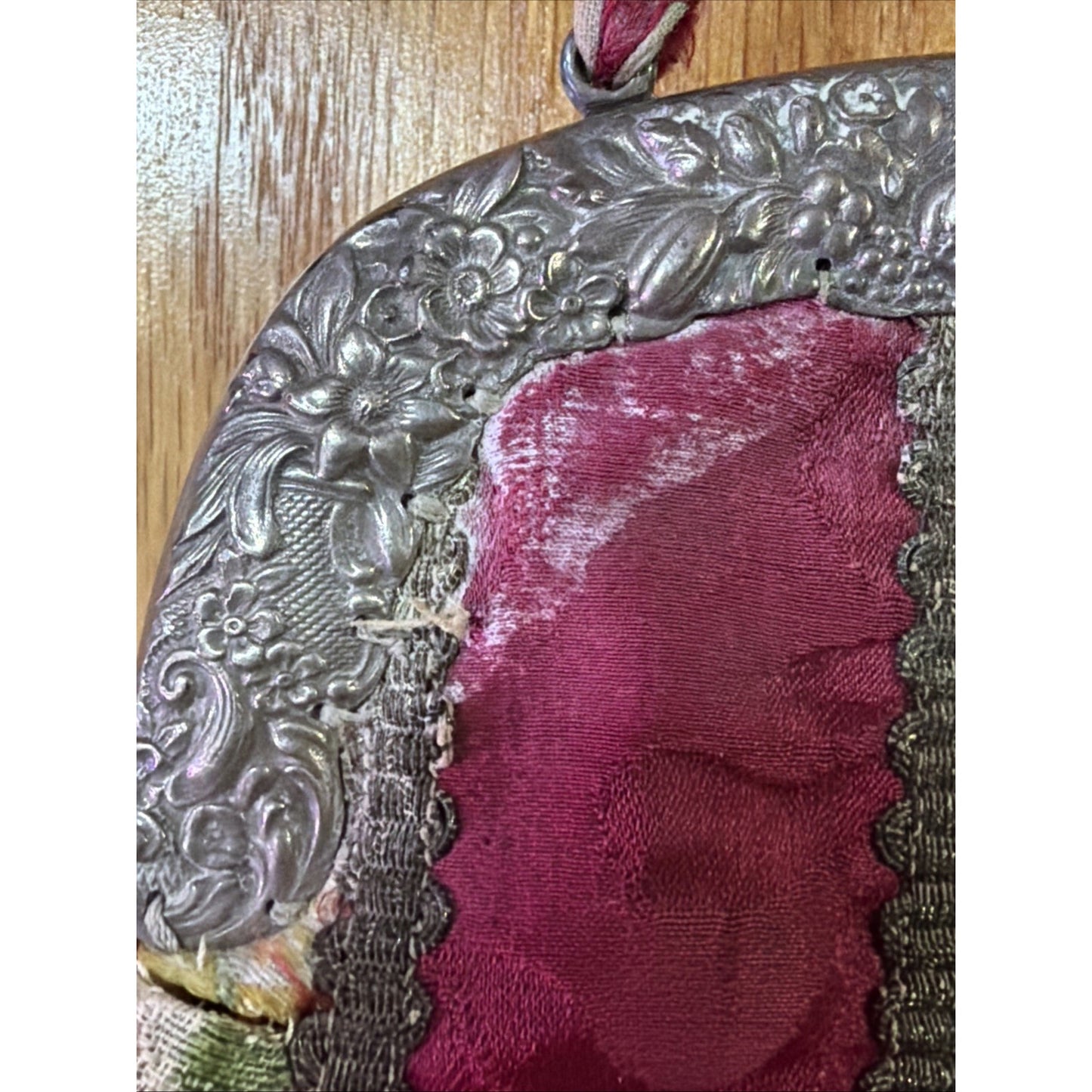 Antique Repousse Metal Frame Tapestry Needlepoint Evening Bag Silk Lined As Is