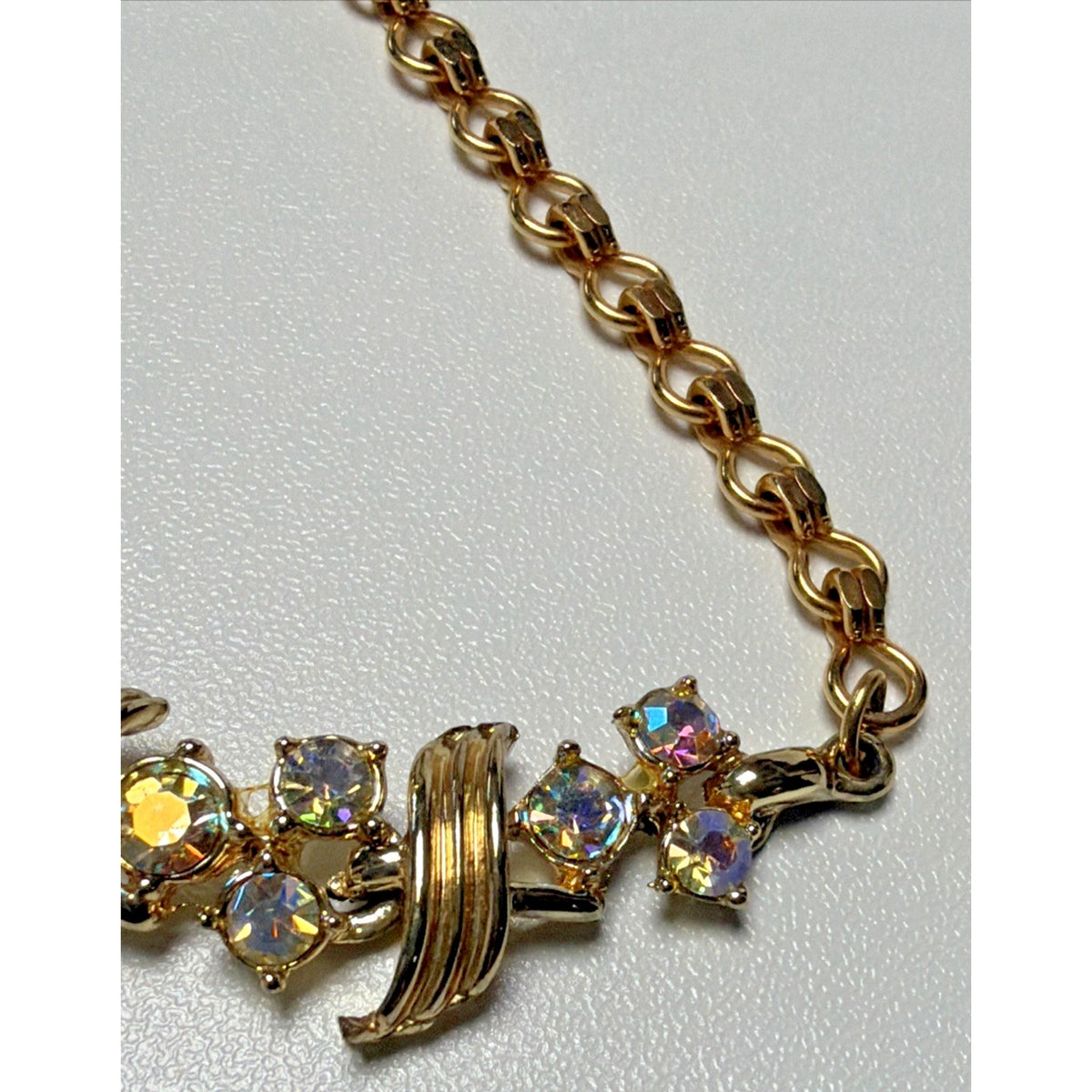 Vintage Aurora Borealis Crystal Choker Link Gold Tone Necklace Adjustable As Is