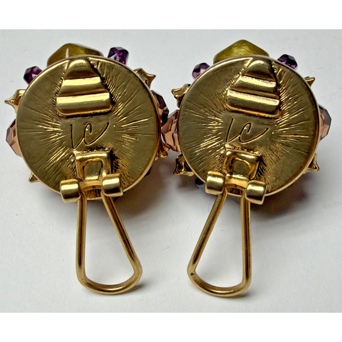 Vtg LC Liz Claiborne Omega Clip On Earrings Faux Pearl Multi Beaded Purple Gold