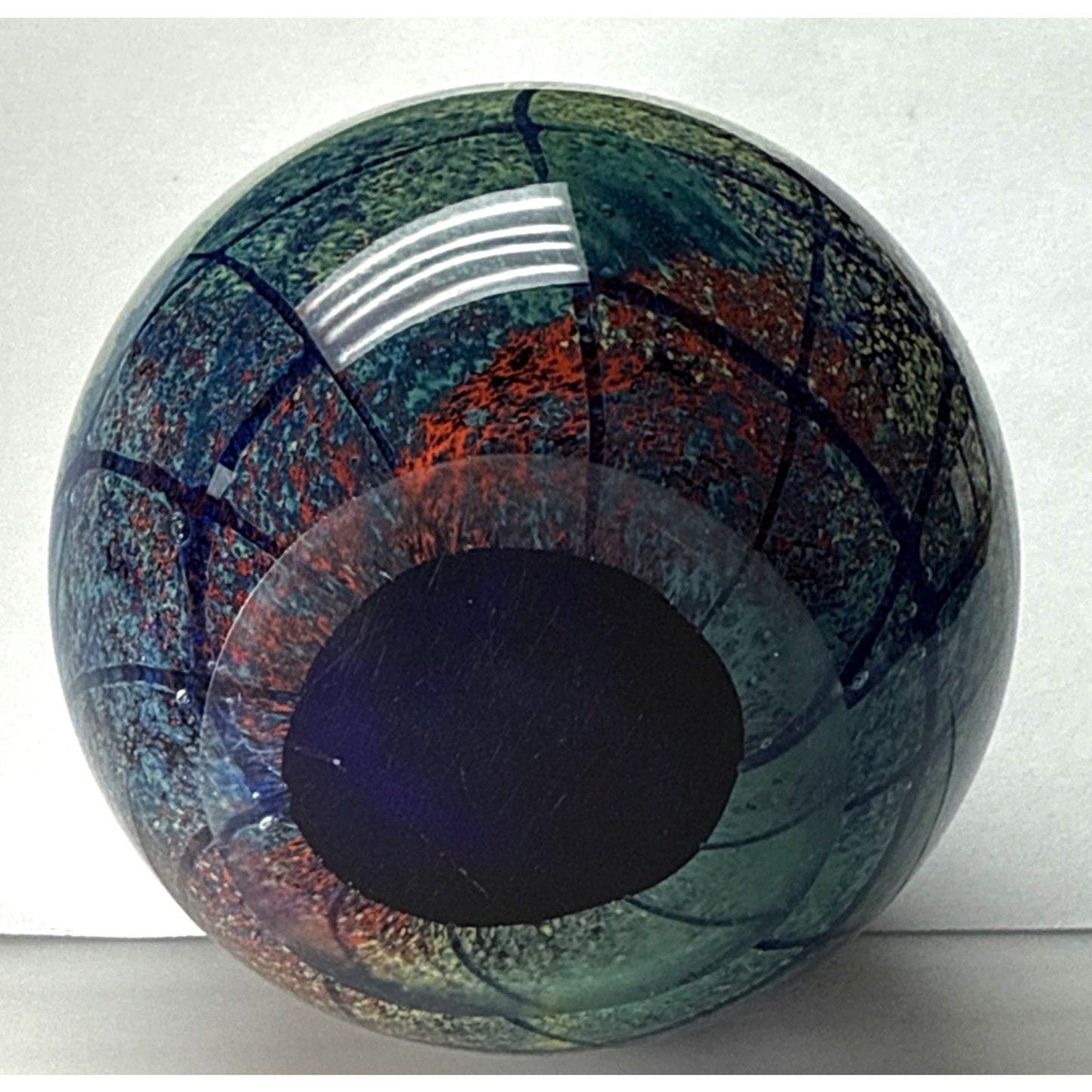 Vtg Art Glass Globe Paperweight Blue Green Confetti Hemisphere Mottled Bubbles