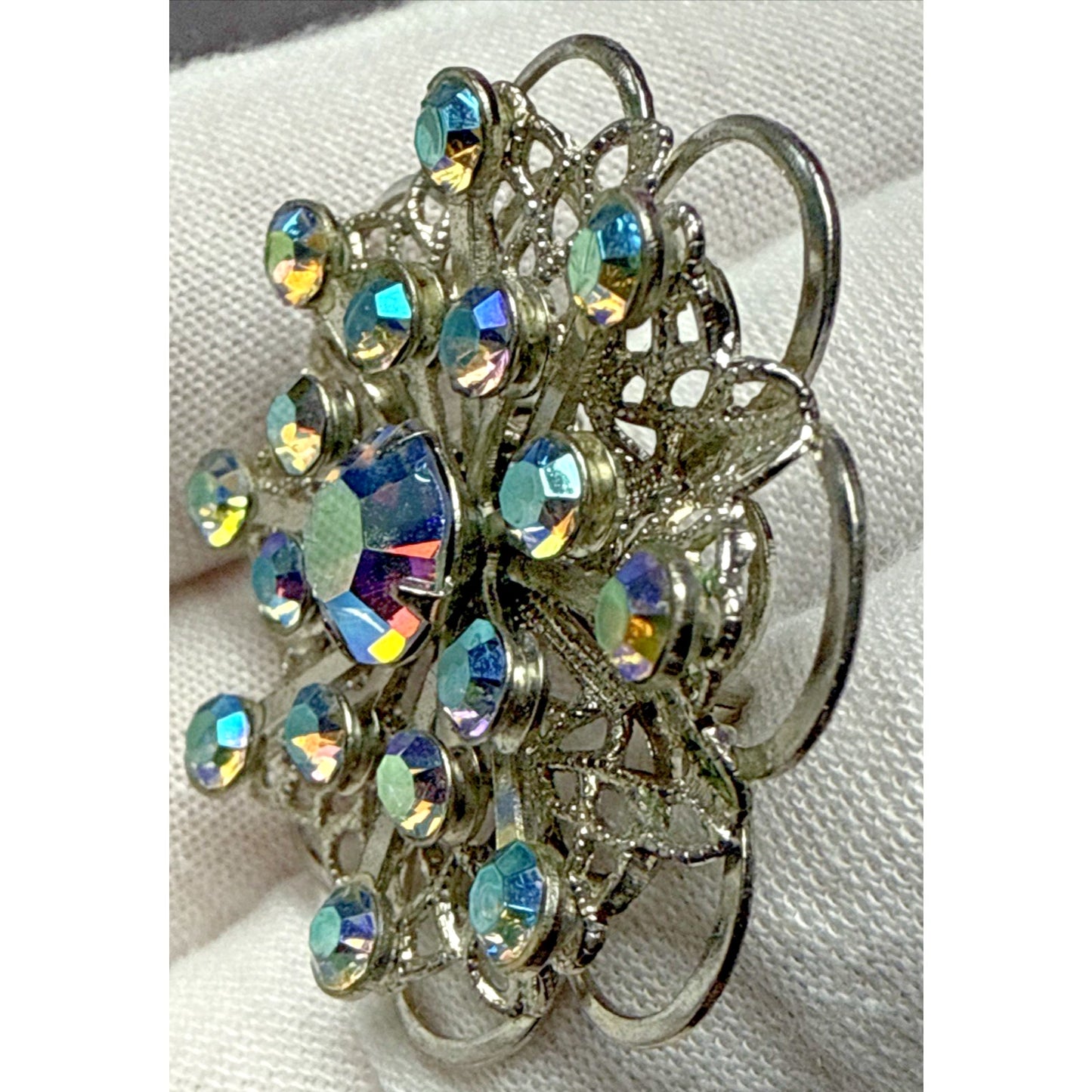 Vintage Aurora Borealis Rhinestone Silver Tone Filigree Layered Flower Brooch