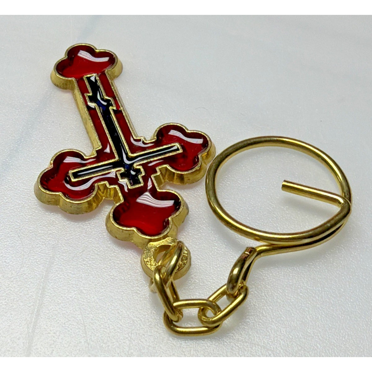 Vtg Holovaik Religious Orthodox Enamel Cross Chain Pendant Gold Tone Red Black