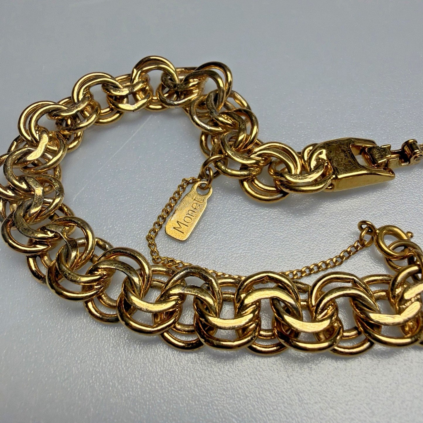 Vintage Monet Gold Tone Double Chain Link Bracelet Safety Chain Clasp