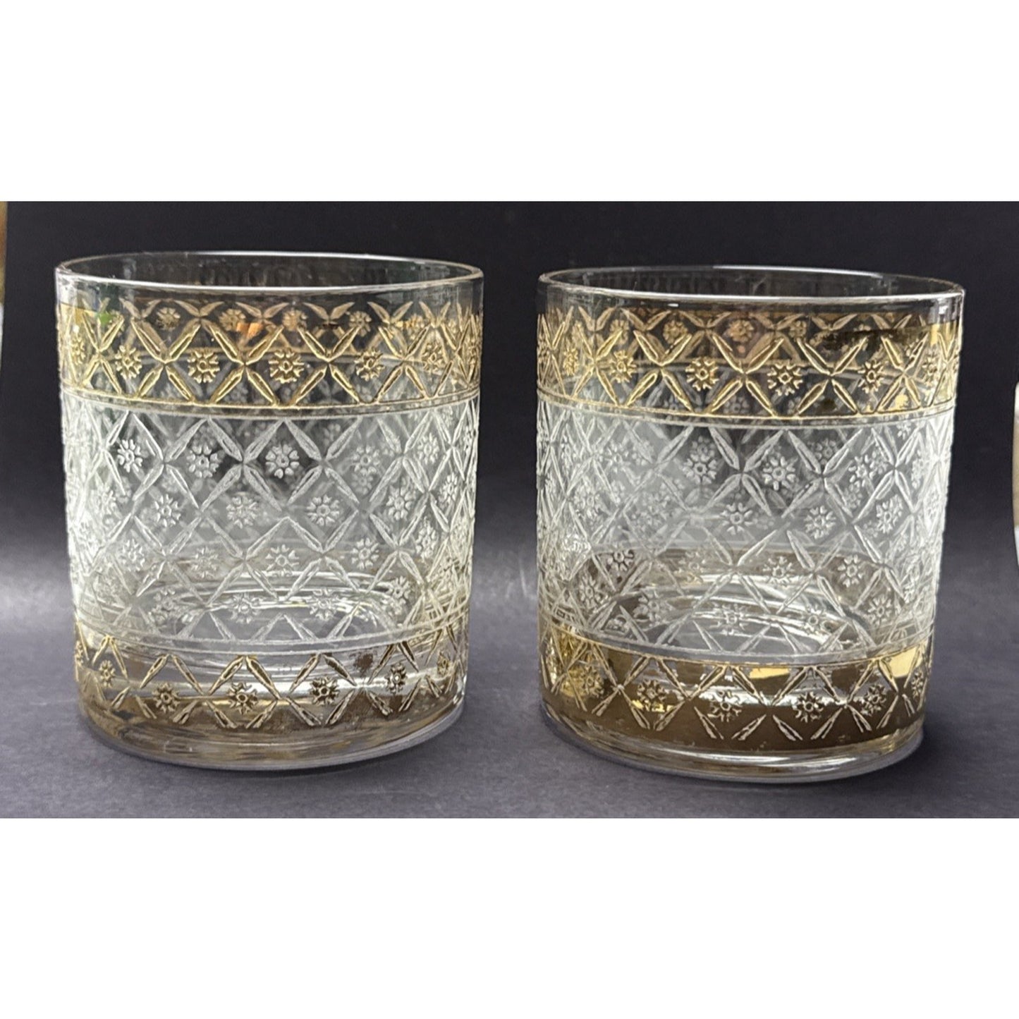 Vtg Lot of 2 Culver Glass Scintilla Village Old Fashioned Glass Rocks Gold As Is