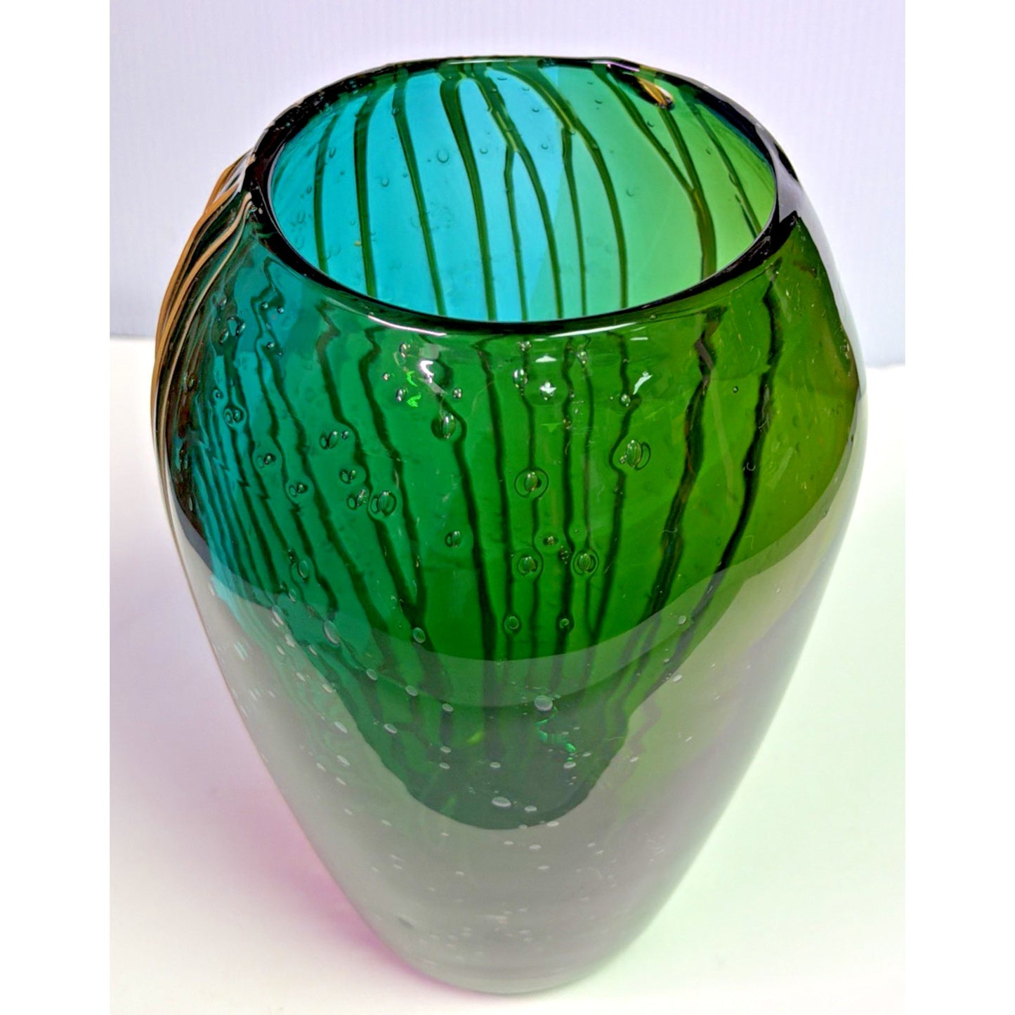 Vtg Art Glass Bubble Vase Teal Green Ombre Yellow Threaded Living Color Collect