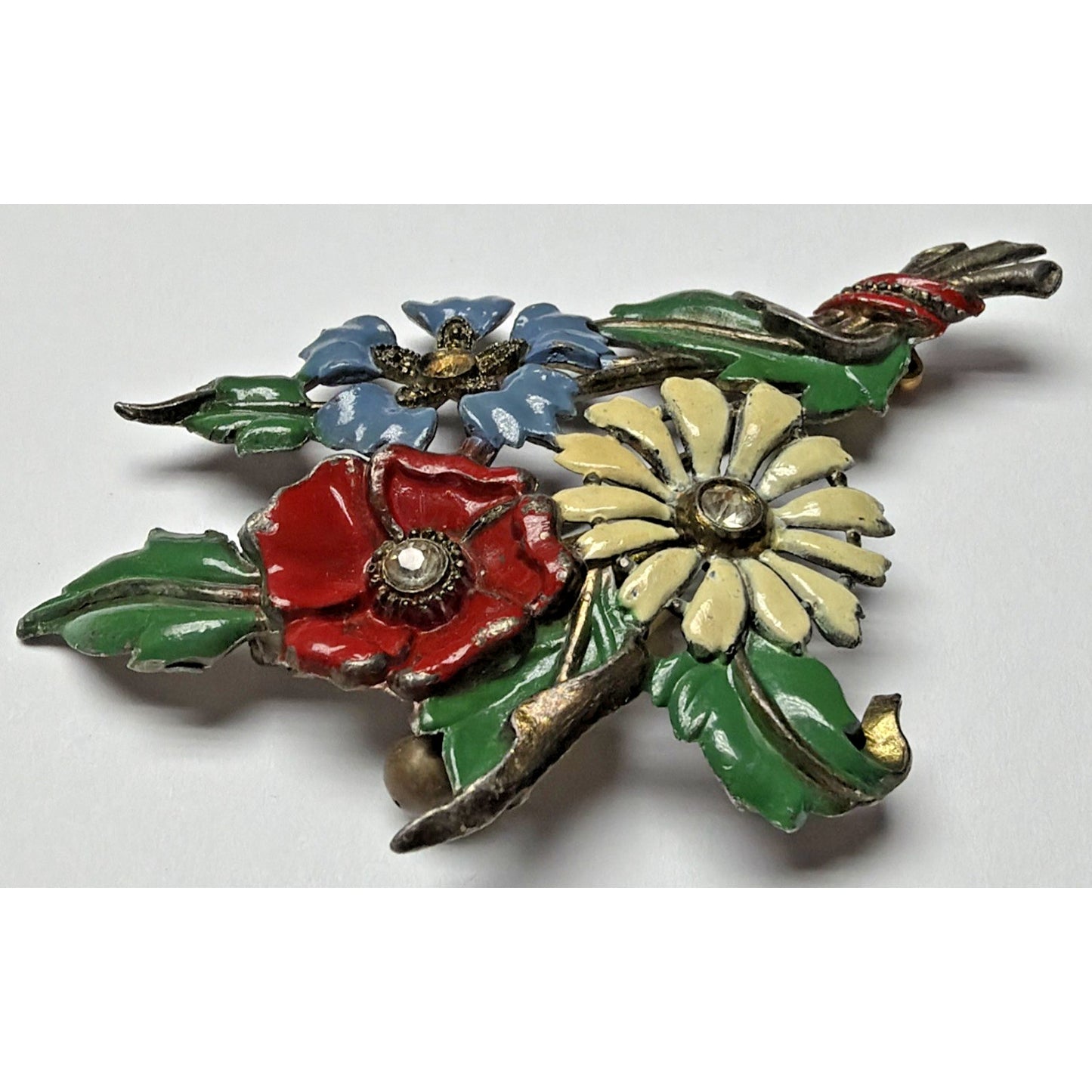 Art Deco Enamel Flower Brooch Bouquet Brass Vial Rhinestone Pot Metal As Is