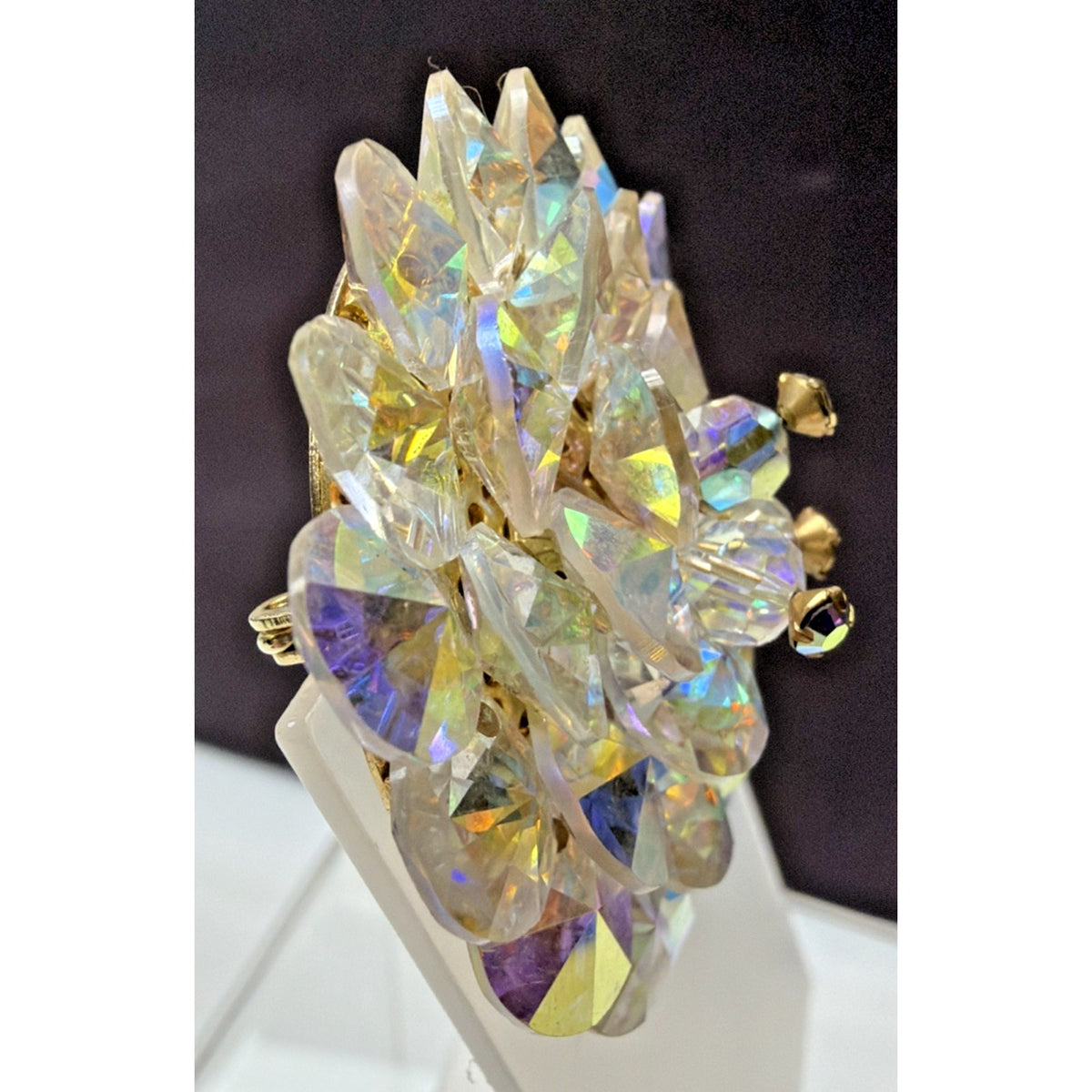 Vintage AB Crystal Faceted Rhinestone Brooch Rivoli Beaded