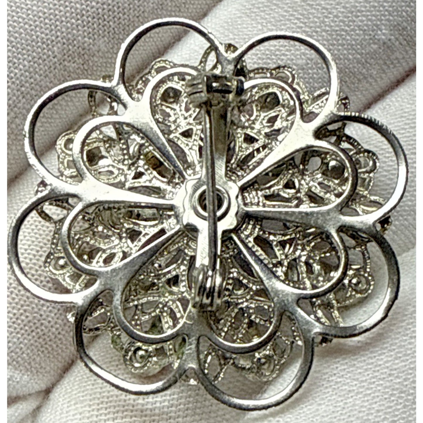 Vintage Aurora Borealis Rhinestone Silver Tone Filigree Layered Flower Brooch