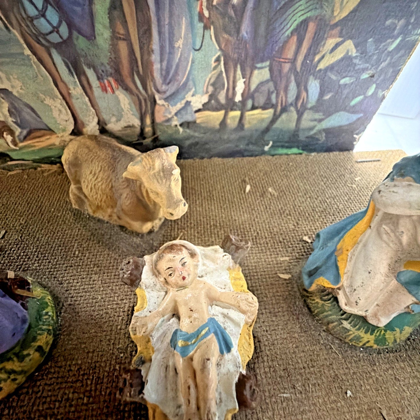 Vintage Stable Nativity Wooden Creche Italy 6 Pc Hand Painted As Is