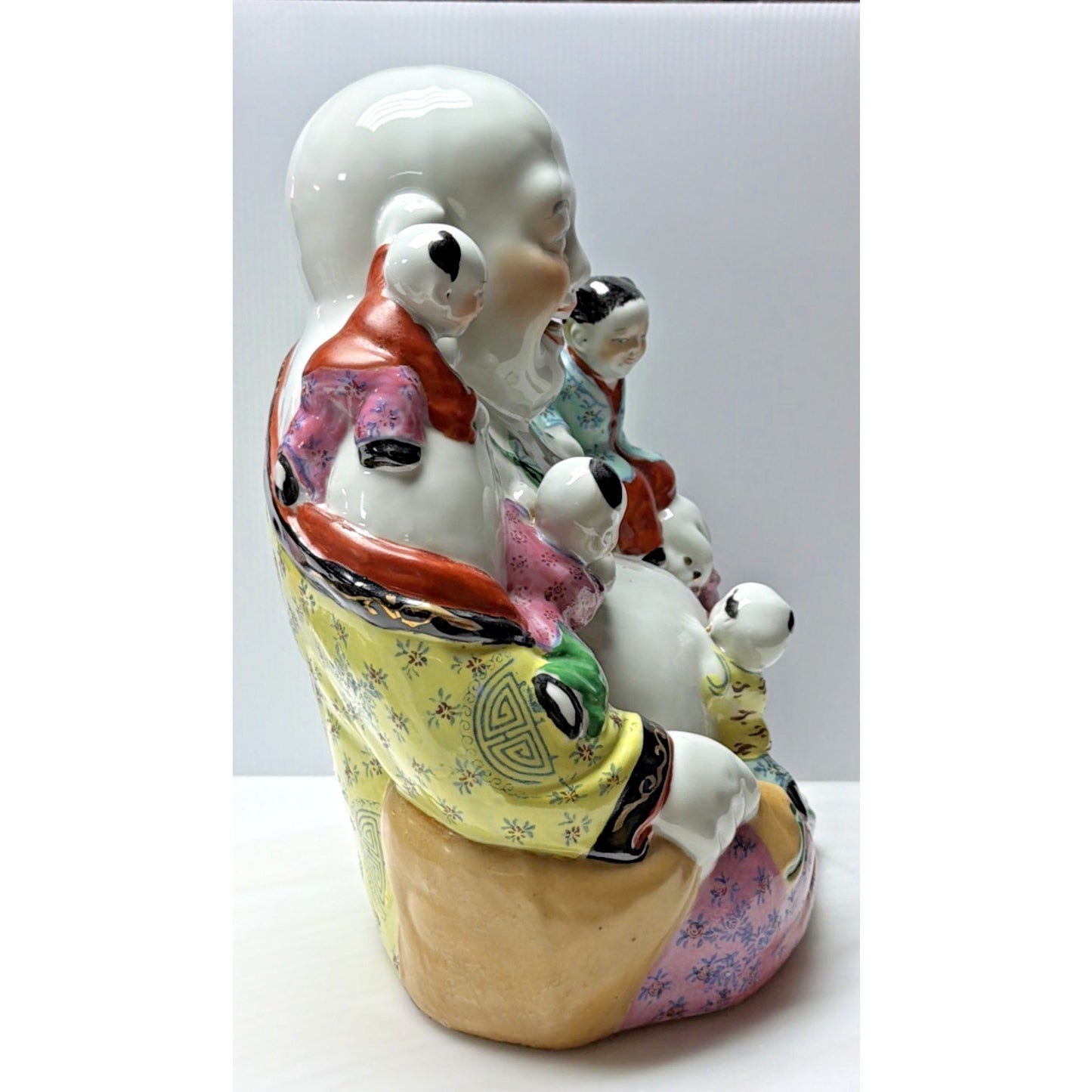 Chinese Famille Rose Jaune Laugh Buddha Fertility Painted 5 Children 12" Stamped