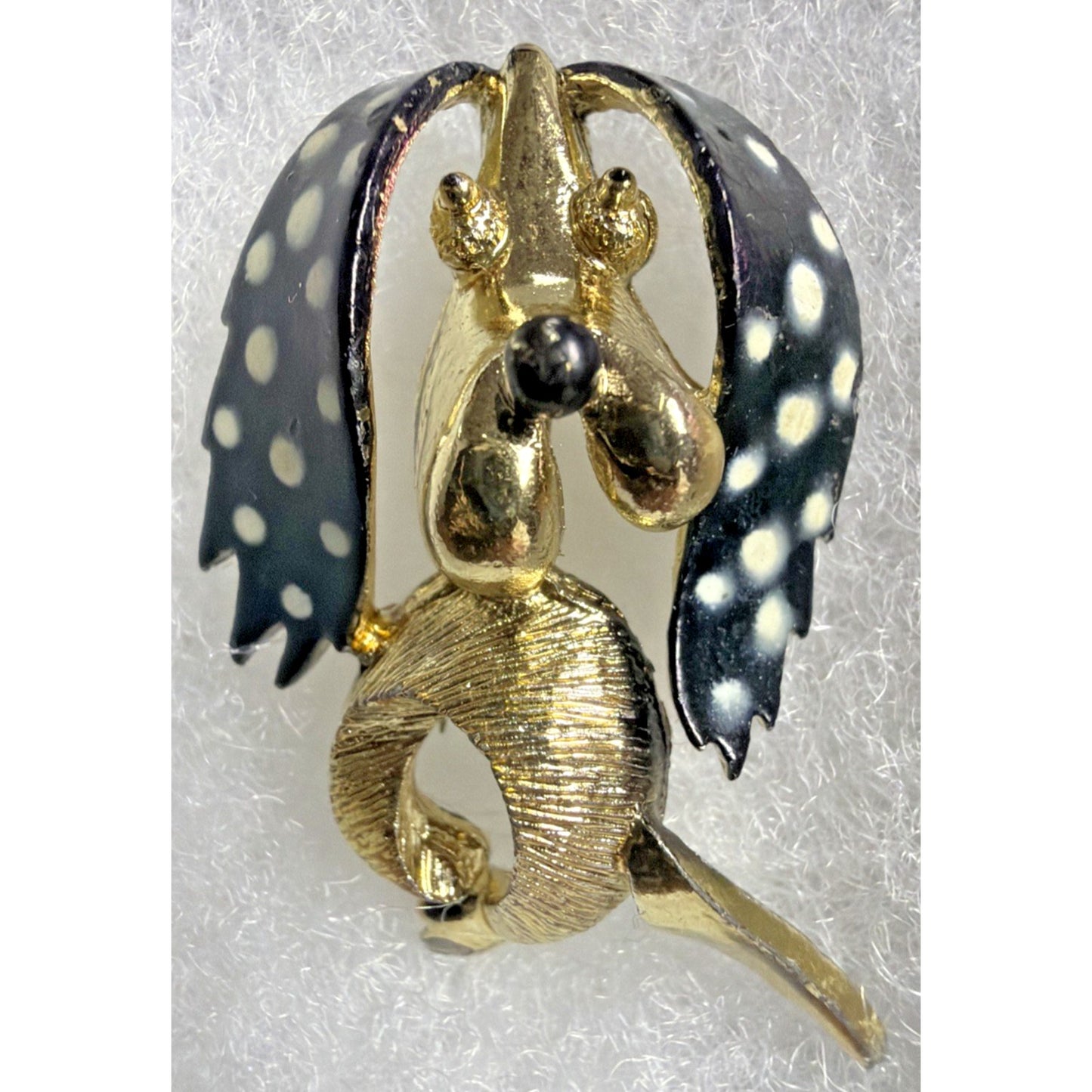Vtg Gold Tone Metal Prancing Dancing Poodle Dog Brooch Polka Dot Painted Enamel