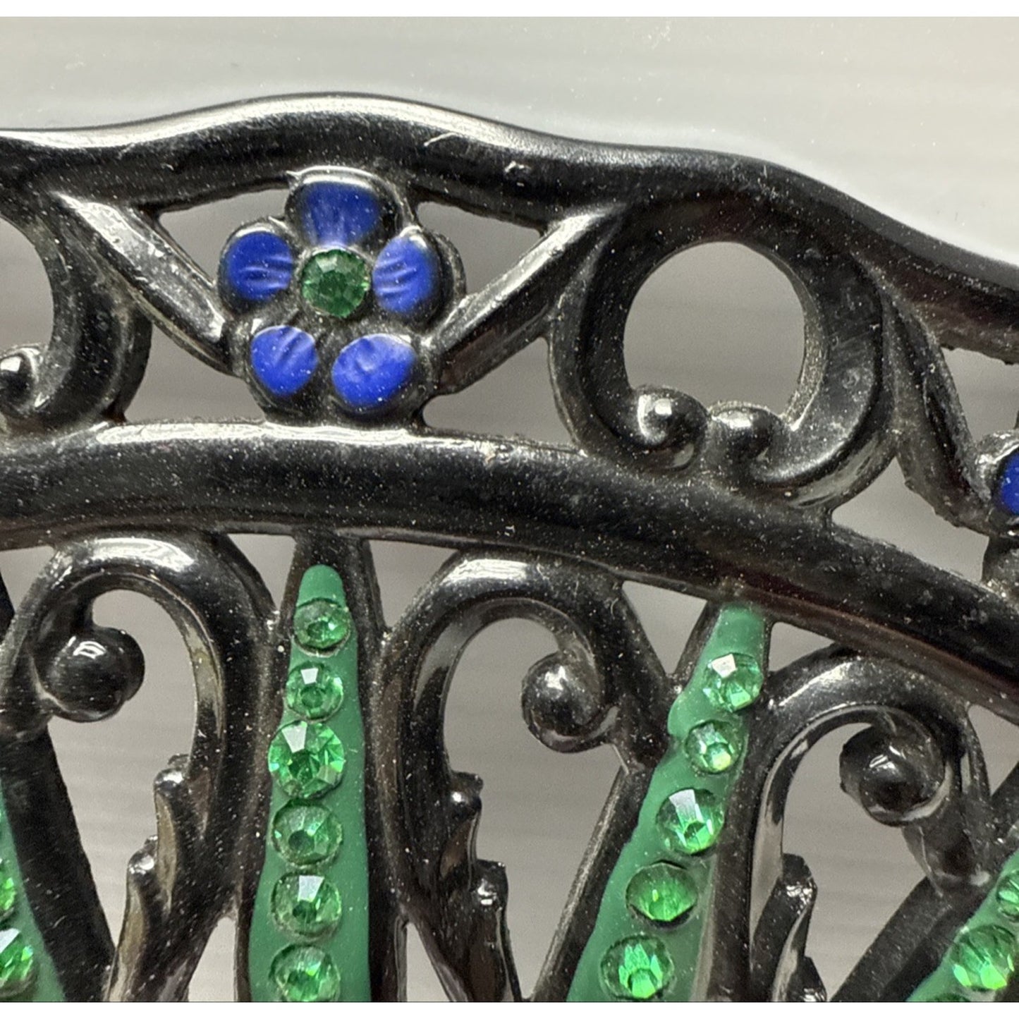 Art Deco Large Fan Shape Hair Comb Black Celluloid Rhinestone Flower Blue Green