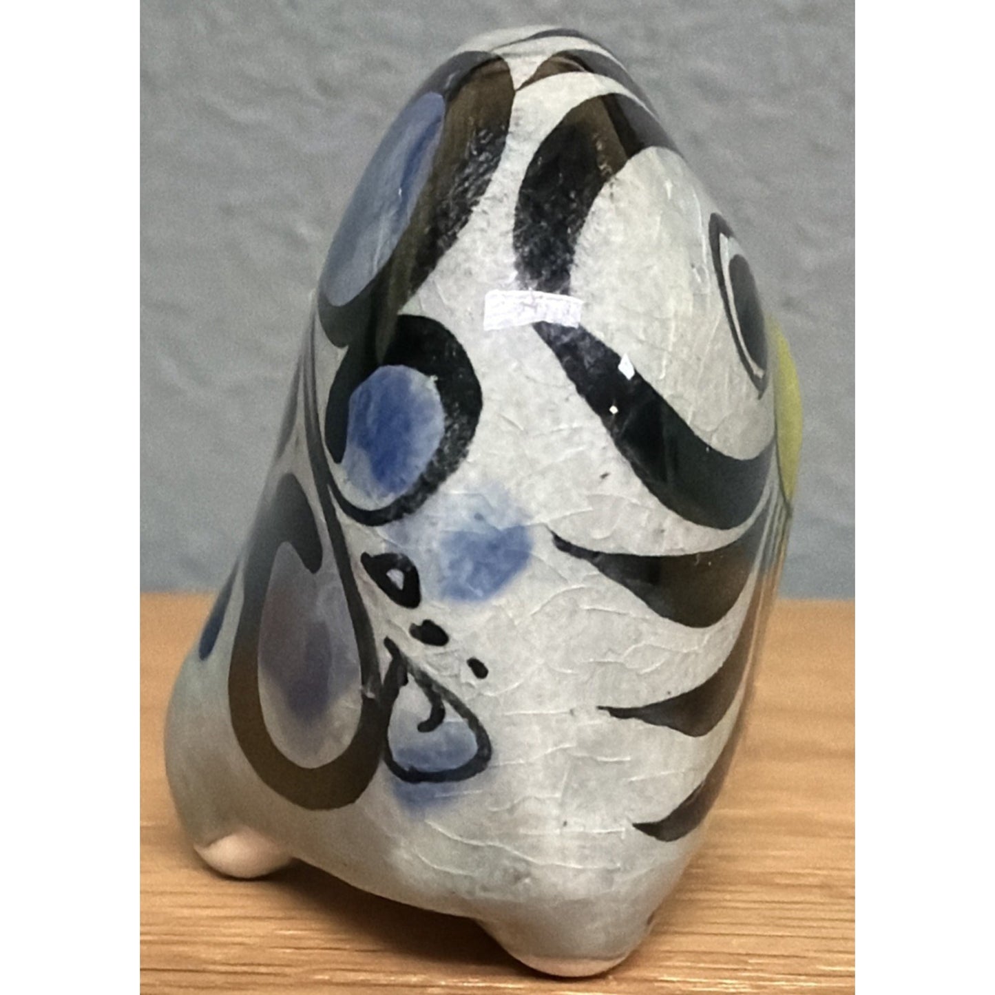 Vintage Mexican Tonala Pottery Owl Hand Painted Glazed Floral Yellow Nose As Is