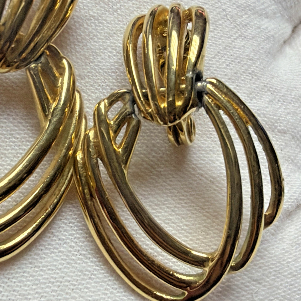 Vintage Monet Earrings Gold Tone Door Knocker Dangle Clip On Triple Hoop