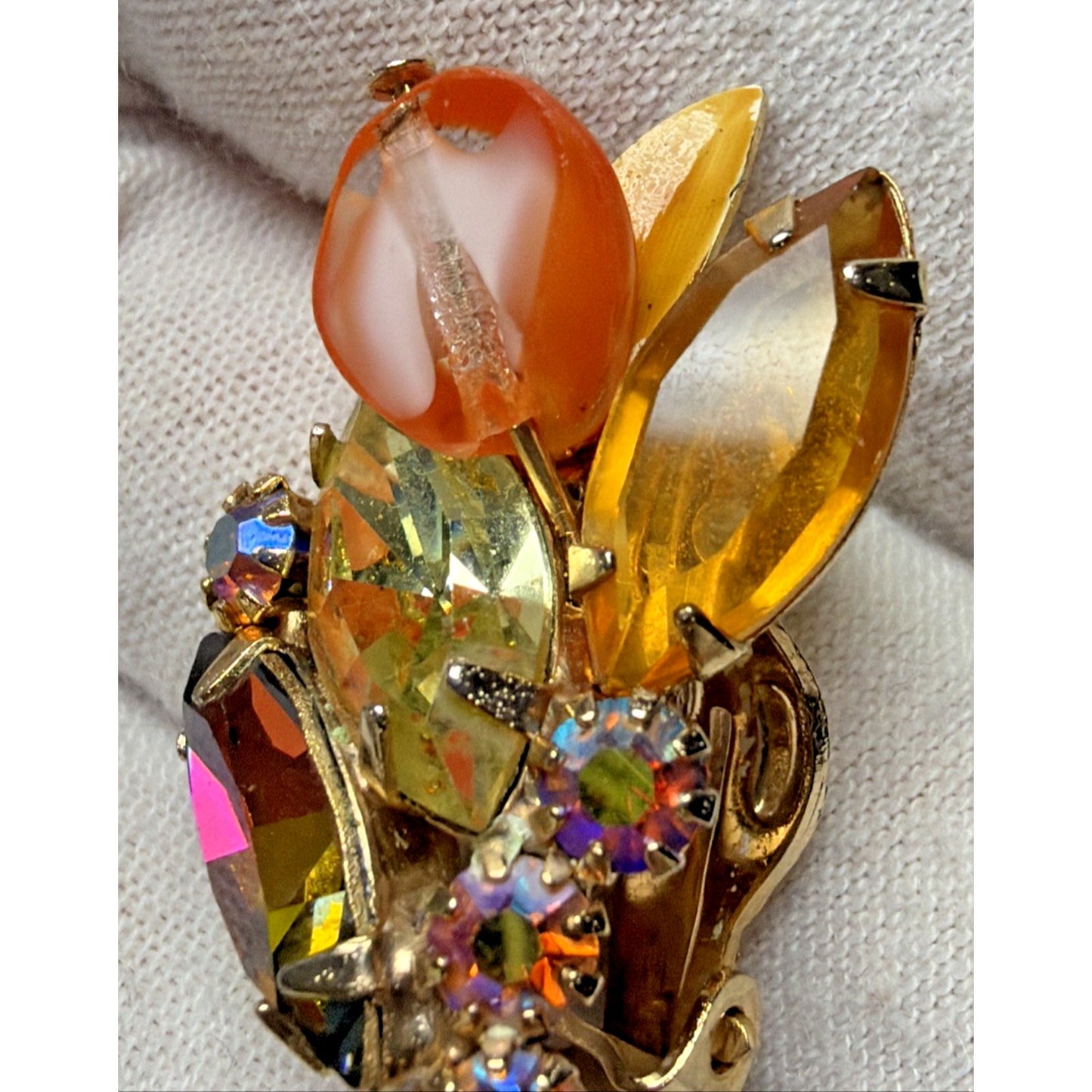 Juliana Yellow Amber Topaz Rhinestone Art Glass Window Bead Givre Clip Earrings