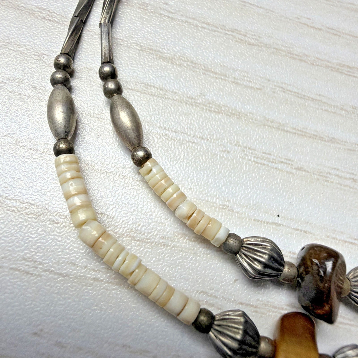 Vtg Liquid Silver Heishi Bead Tigers Eye Stone Necklace Sterling Southwestern