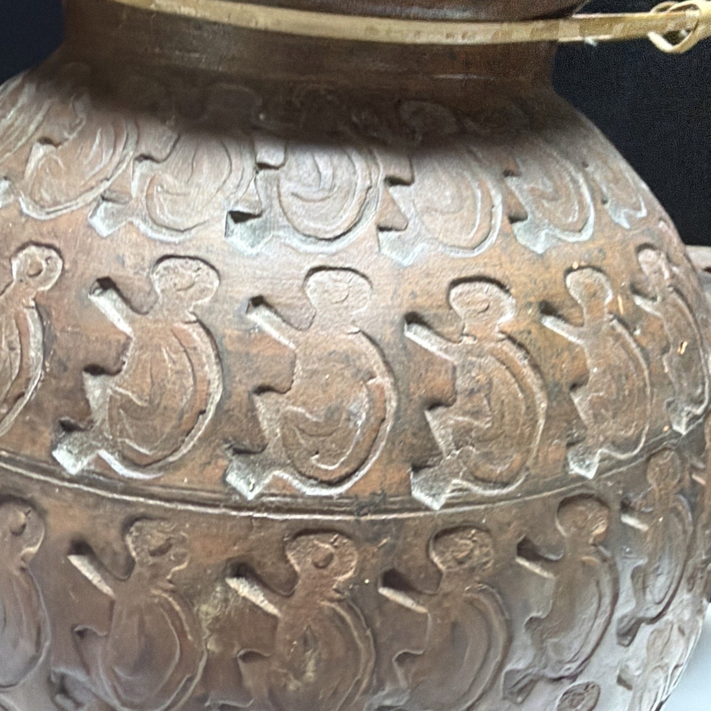 Chinese Asian Earthenware Pot Jar Vessel Bamboo Handle Impressed Symbols As Is