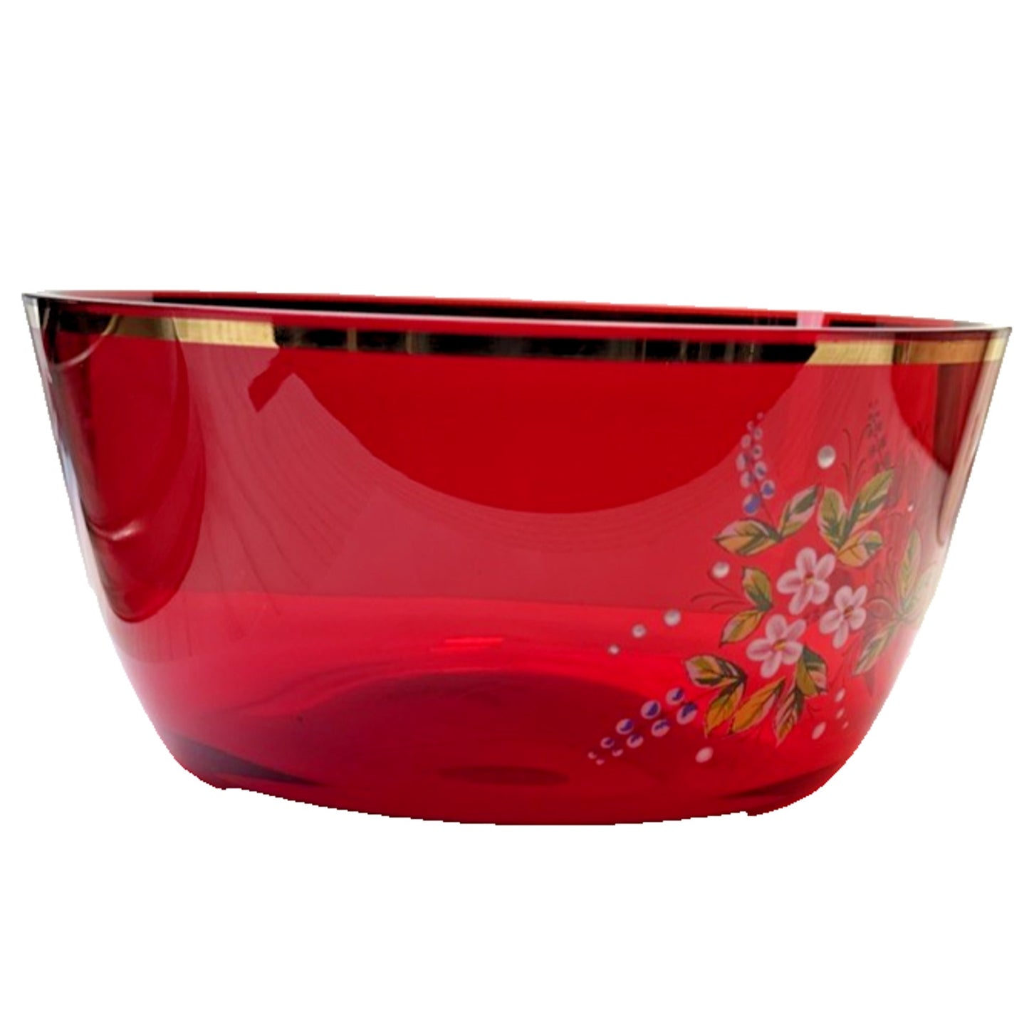 Vintage Czech Bohemian Ruby Red Crystal Hand Painted Enamel Bowl Flowers Gold