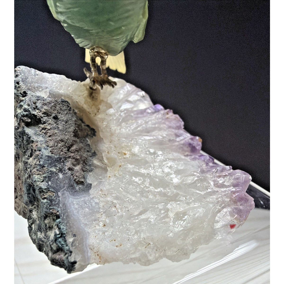 Vintage Brazilian Green Stone Toucan Bird Sculpture Amethyst Crystal Base As Is